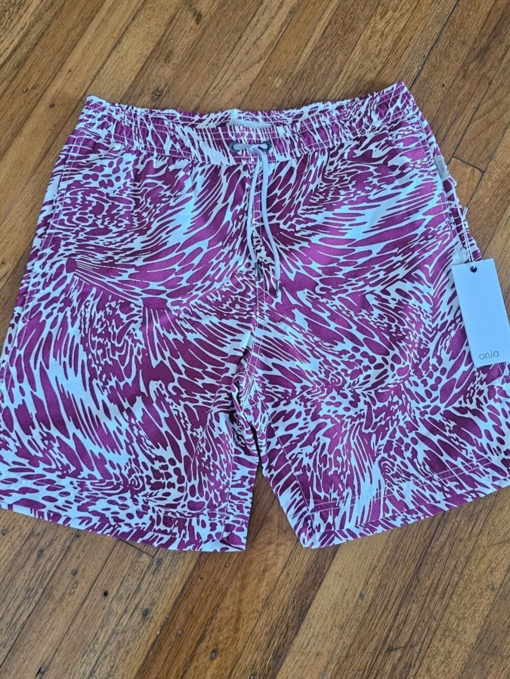 NWT Boys Onia Magenta and White Abstract Charlie Trunk Swim Shorts Sz 14